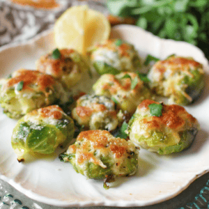 ten smashed brussels sprouts with cheese on top sitting on a dish.