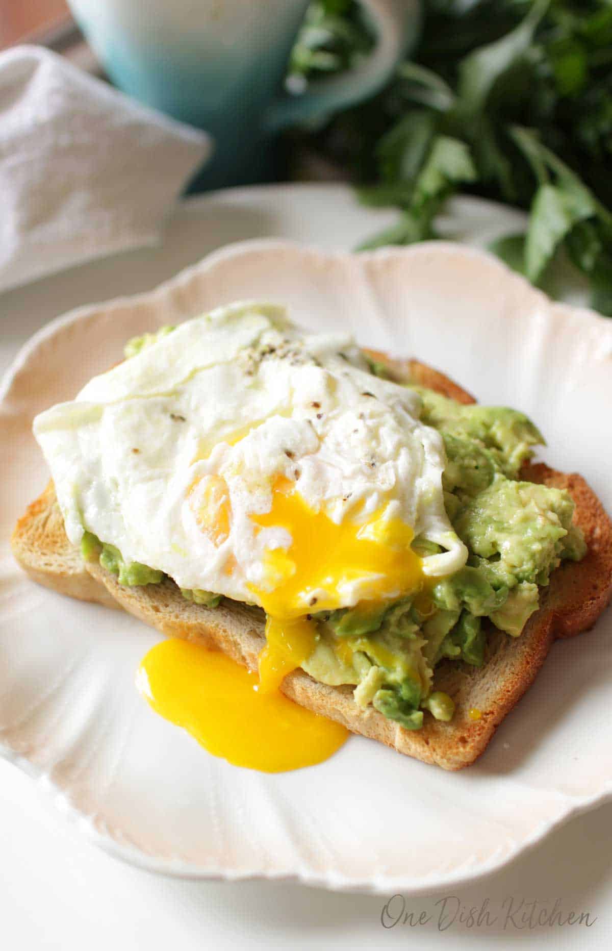 Avocado toast with a runny egg on top on a plate
