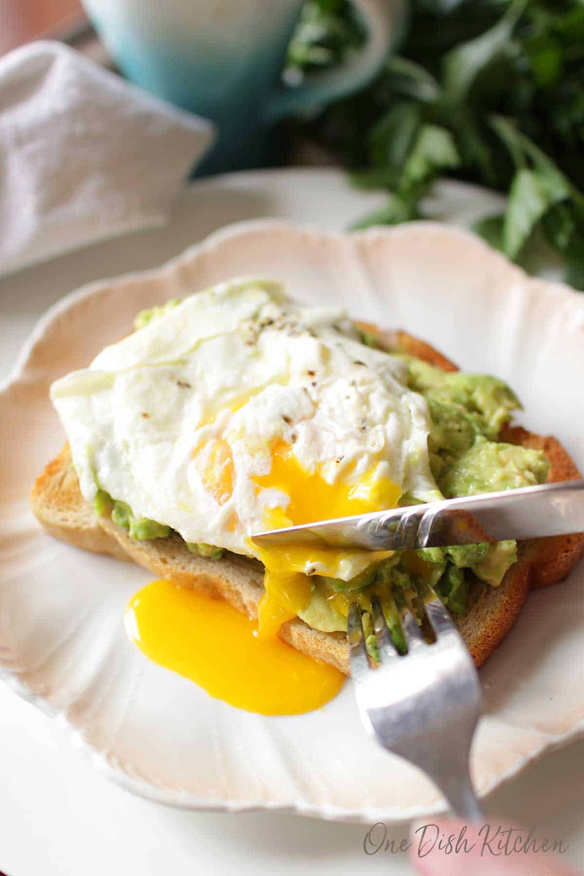 Fork and knife slicing into avocado toast with a runny fried egg 