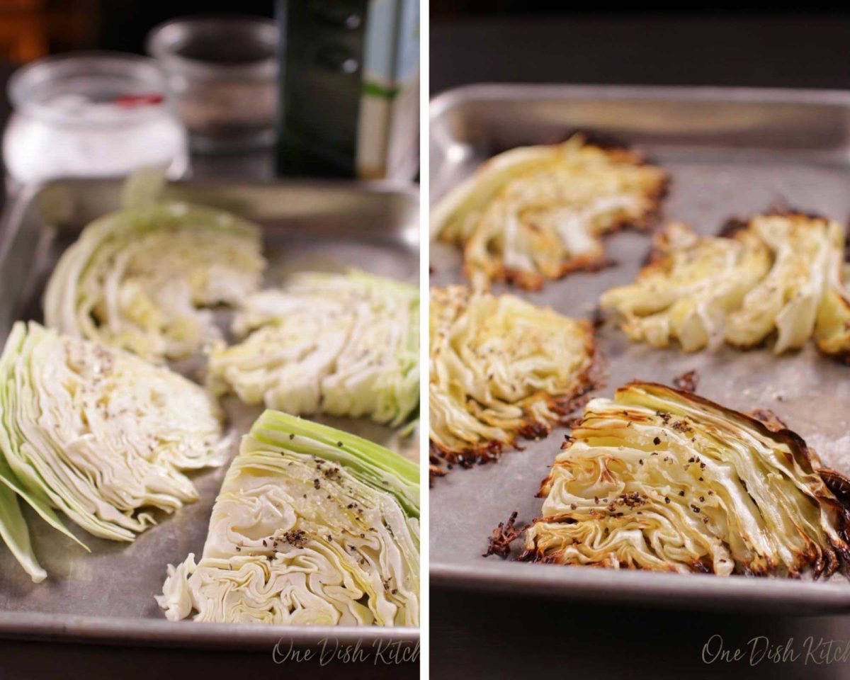 cabbage wedges on a baking tray.