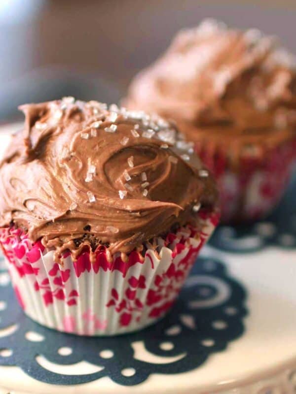 two chocolate cupcakes with chocolate frosting and a light coating of coarse salt grains.
