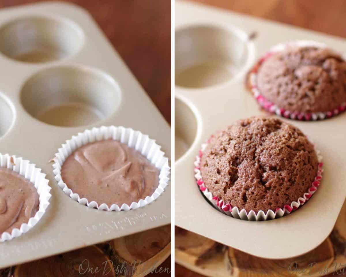 unbaked cupcakes in one picture and baked chocolate cupcakes in a muffin tin in the other picture.
