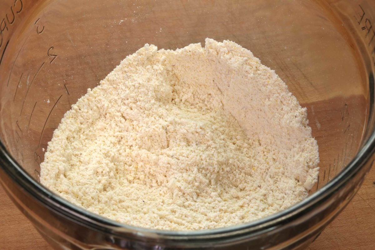cornmeal, flour, salt, and baking powder in a mixing bowl.