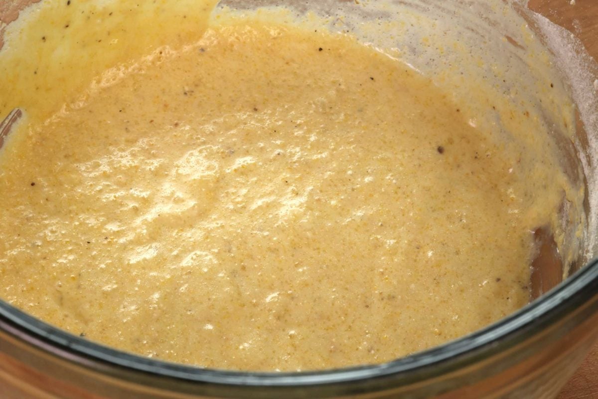 cornbread batter in a mixing bowl.