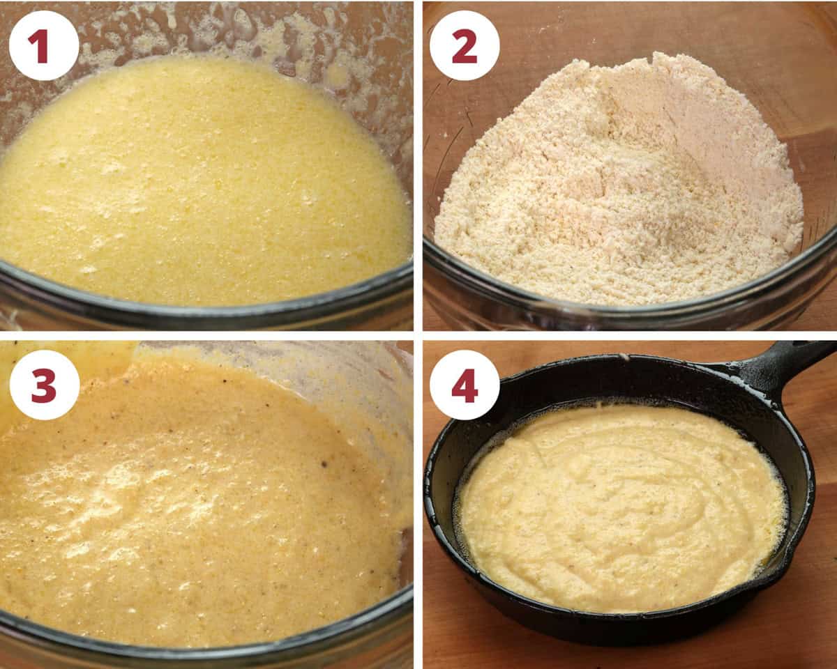 four photos showing how to make cornbread batter.