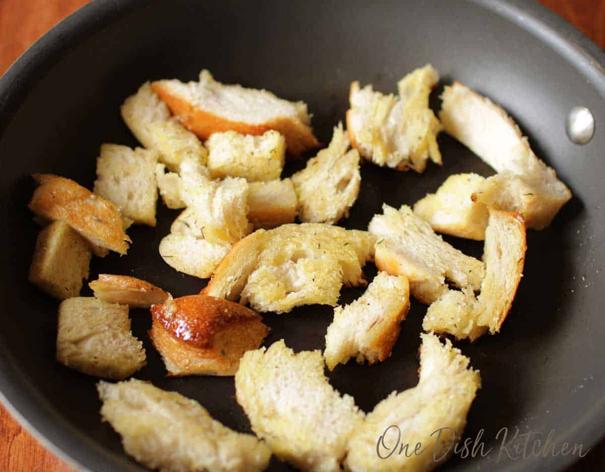 Making croutons on the stove in a pan 