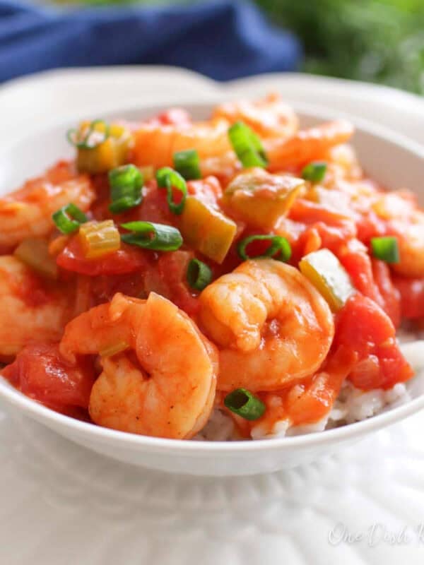 single serving shrimp creole in a white bowl over rice.