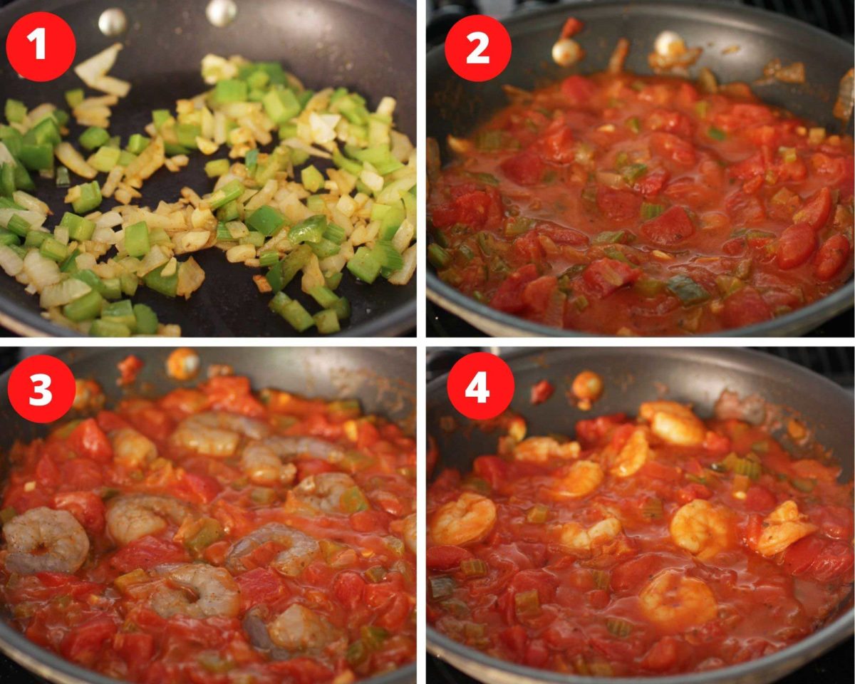 Four photos showing how to make shrimp creole with tomatoes in a pan.