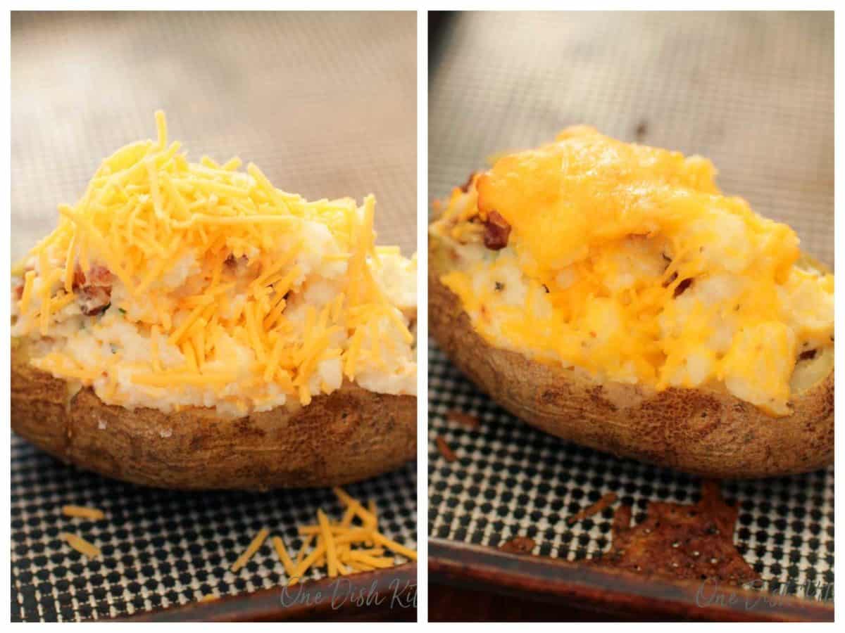 melted cheese on a baked potato sitting on a baking sheet.