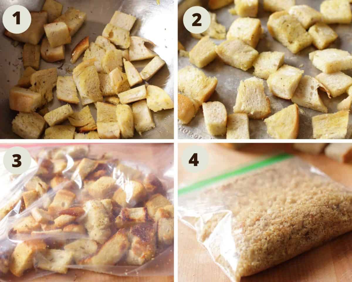 Four steps showing how to make homemade breadcrumbs including baking the bread and crushing the baked pieces of bread.