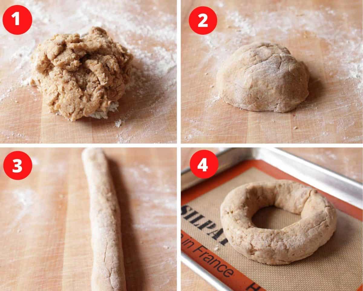 four photos showing the steps to make a king cake