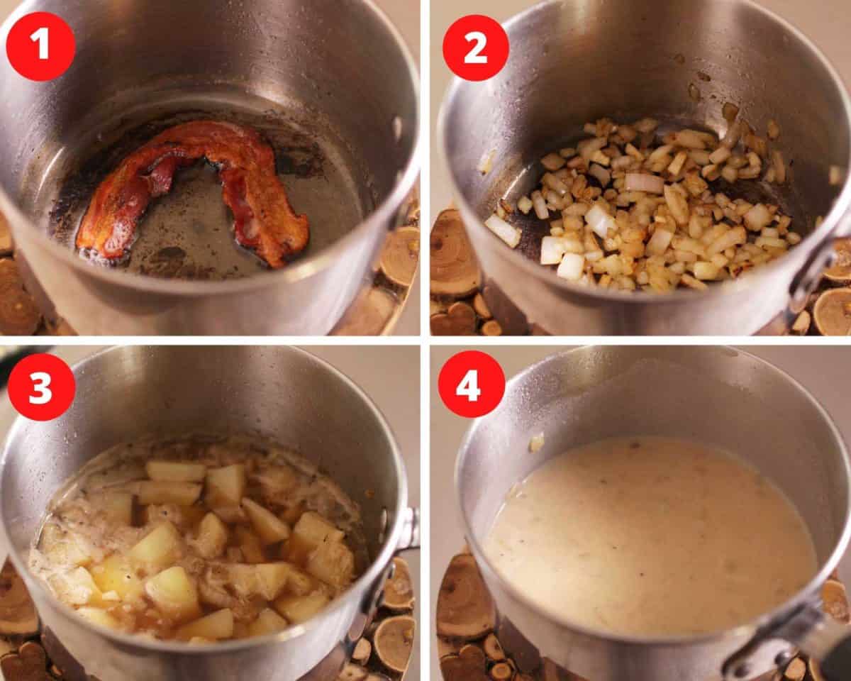 Four photos showing how to make potato soup from cooking the bacon to adding the onions and potatoes.