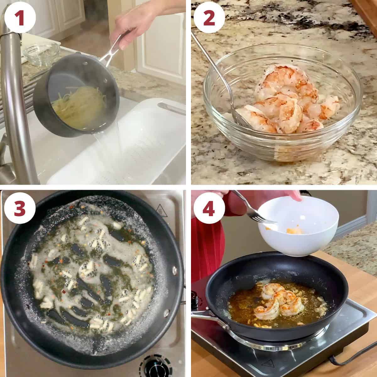 four photos showing how to make shrimp scampi.