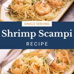 shrimp scampi on a plate next to a fork.