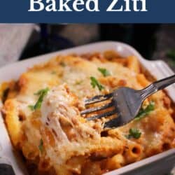 an individual baked ziti with a fork scooping up the cheese.