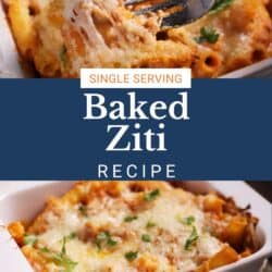 a small baked ziti in a white baking dish.