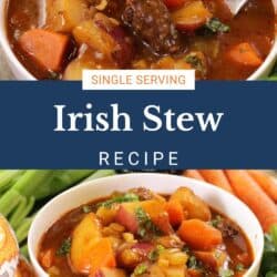 a bowl of irish stew surrounded by carrots and celery on a silver tray.