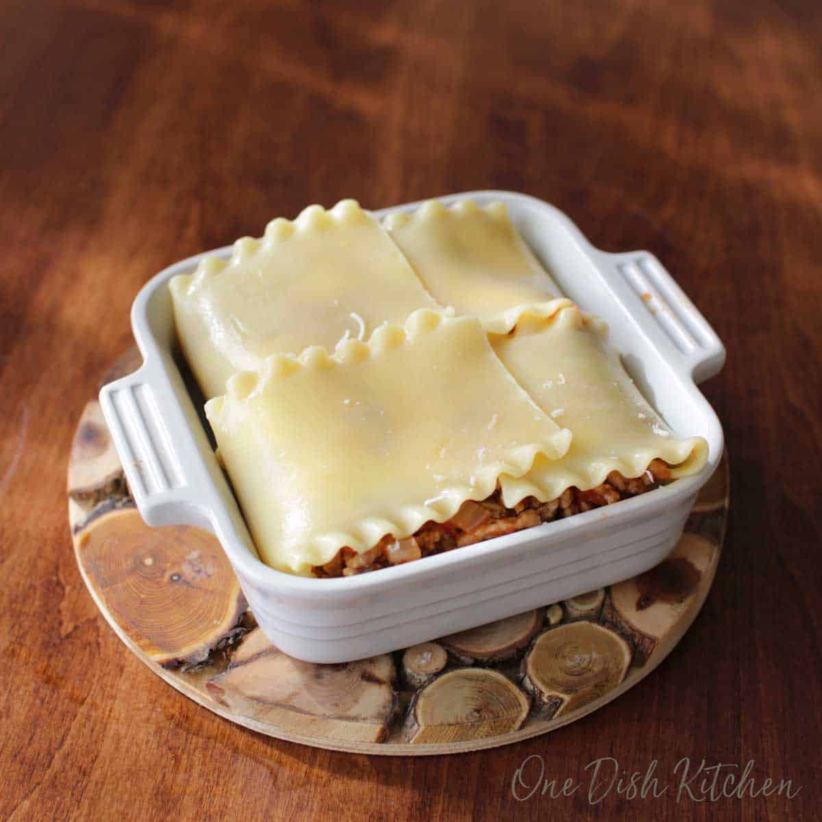 Mini lasagna with noodles folded over the mixture.