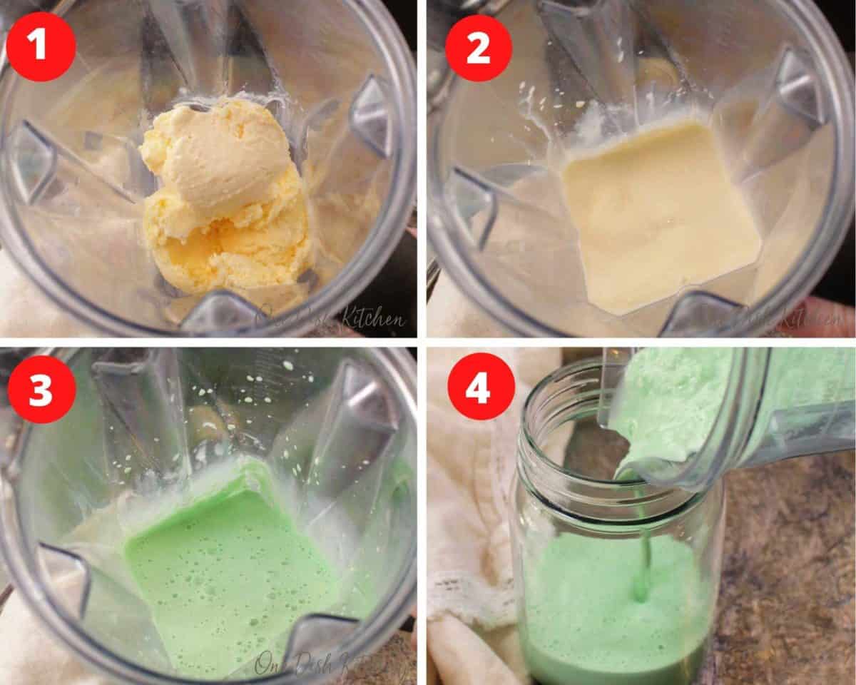 four photos showing how to make a shamrock shake.