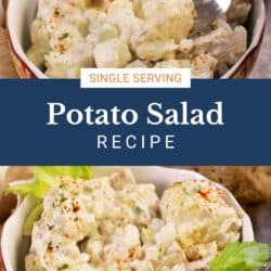 a bowl of potato salad with a fork on the side of the bowl.