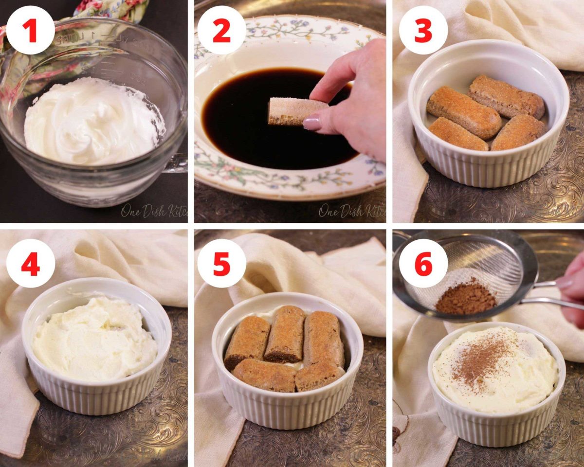 six steps showing how to make and assemble a tiramisu dessert.