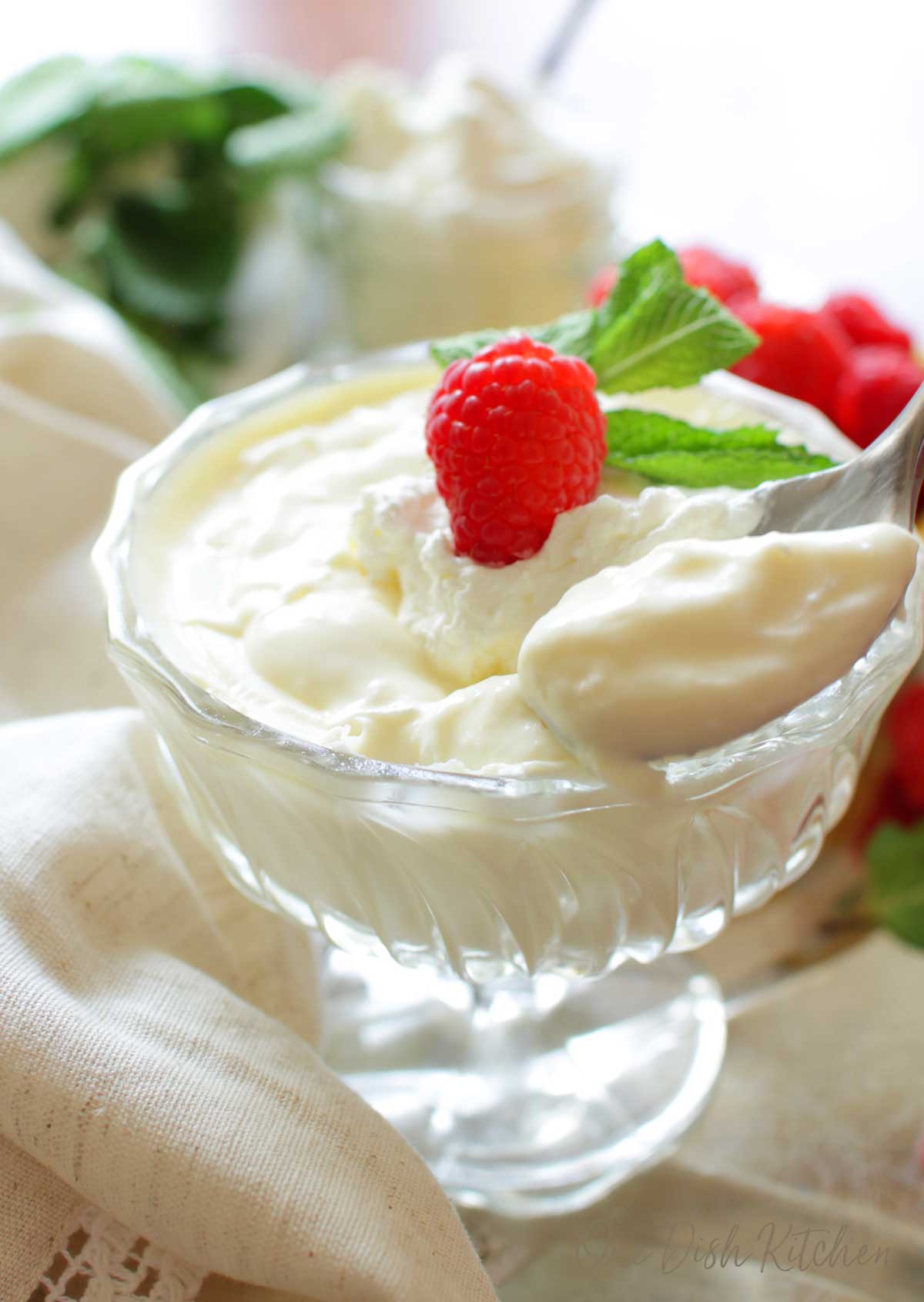 A spoonful of vanilla pudding topped with whipped cream, a raspberry, and mint leaves in a dessert glass