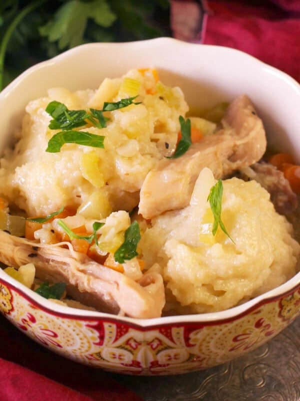 a single serving of homemade chicken and dumplings in a bowl.