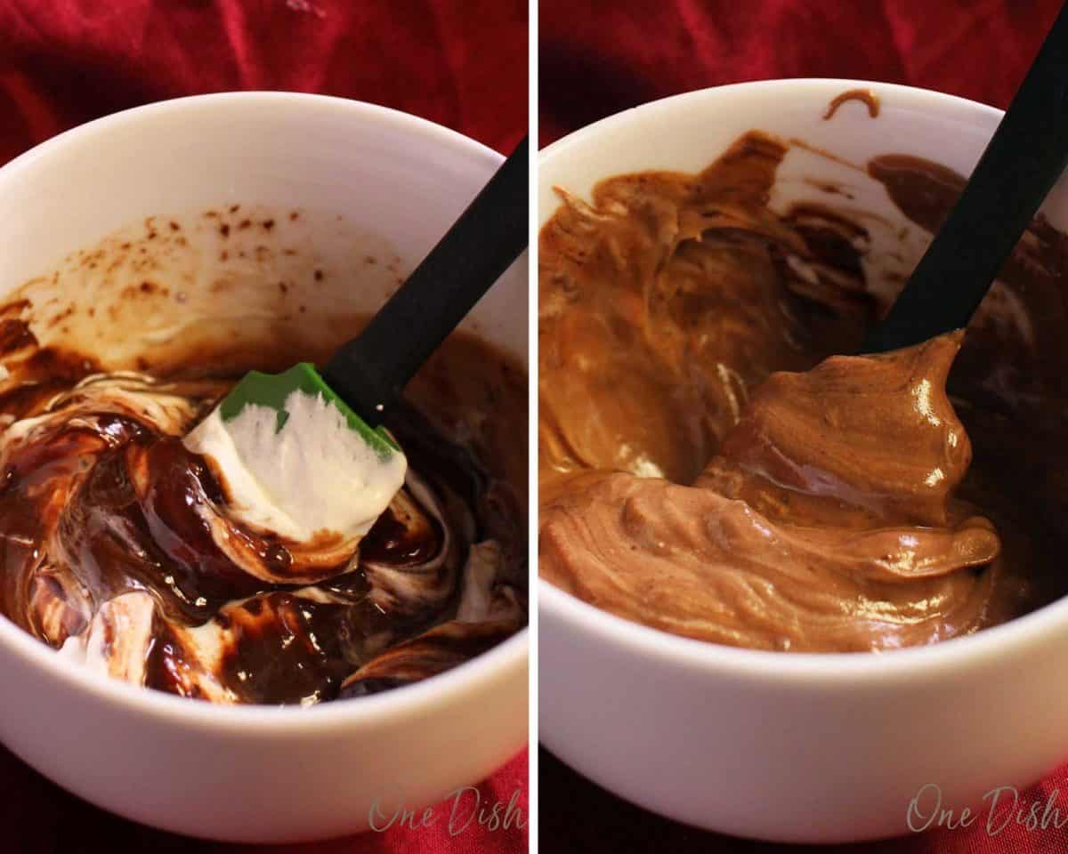 mixing cream into melted chocolate in a white bowl.
