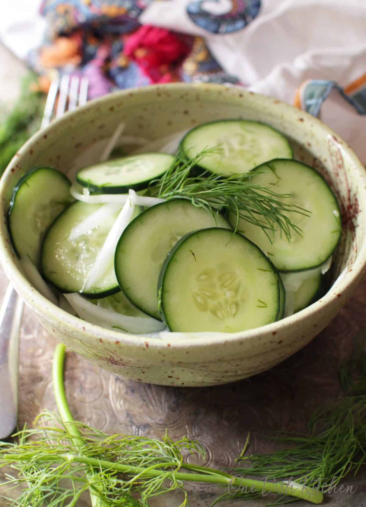 Sliced cucumbers and onions topped with fresh dill in a small bowl 