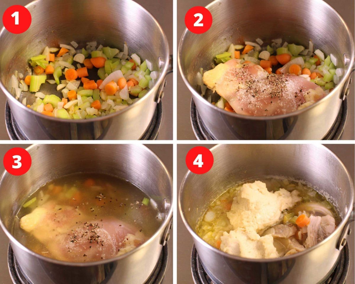 four photos showing the process of making chicken and dumplings. One pot has the vegetables cooking, another has a piece of chicken in vegetables, another photo has the chicken broth added and the fourth photo shows dumplings added to the broth.