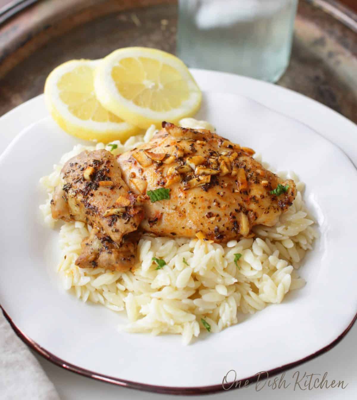 Cooked chicken over orzo pasta with two lemon wheels on a plate