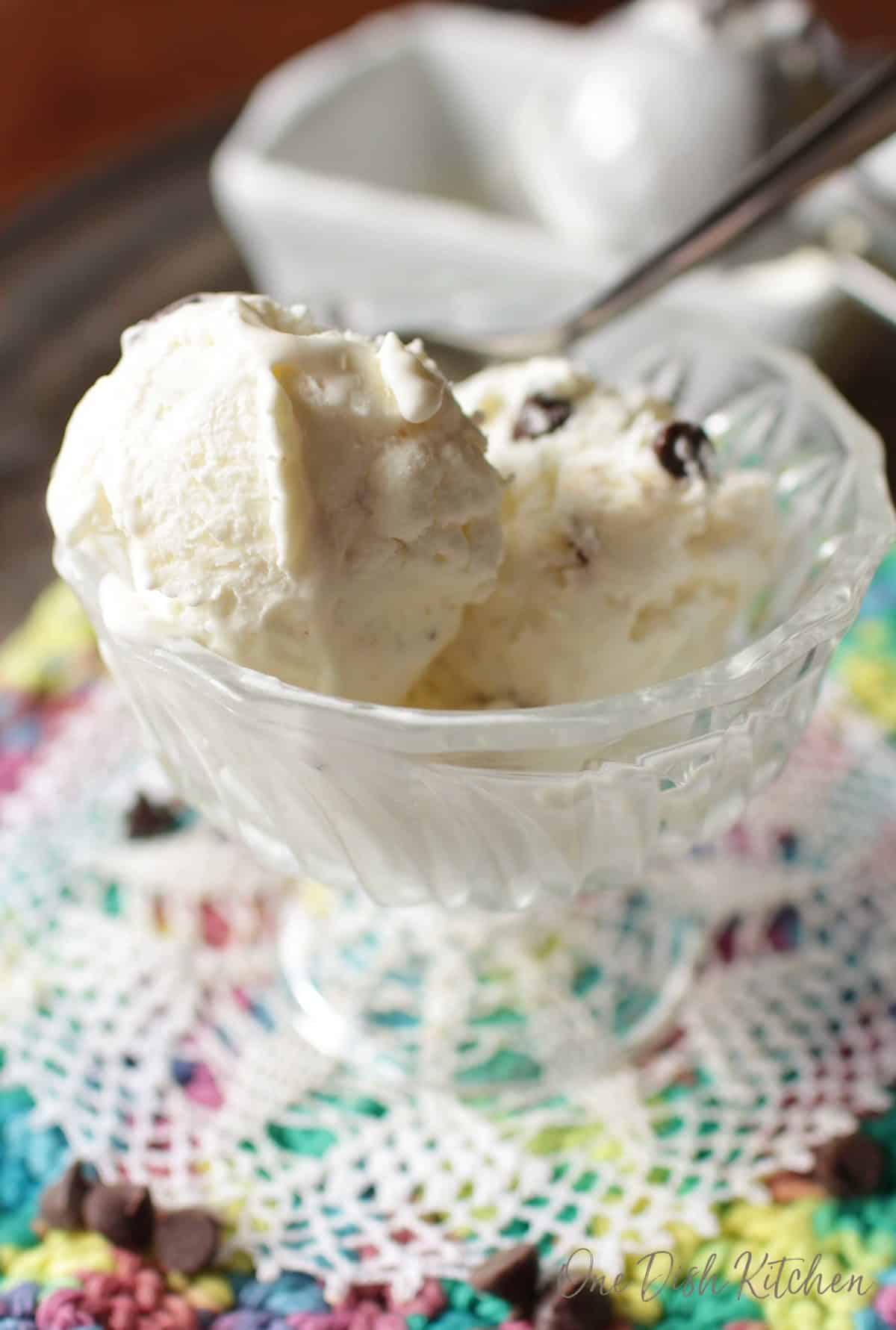 Two scoops of mint chocolate chip ice cream in a dessert glass