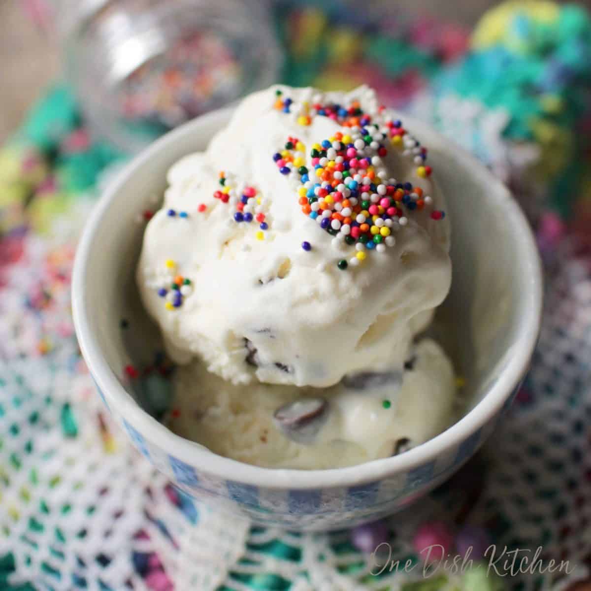 A closeup of a small bowl of mint chocolate chip ice cream topped with rainbow sprinkles 