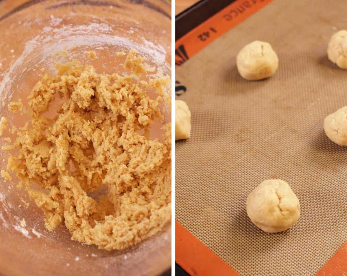 a picture of cookie dough in a bowl and a picture of the dough rolled into balls on a baking sheet.