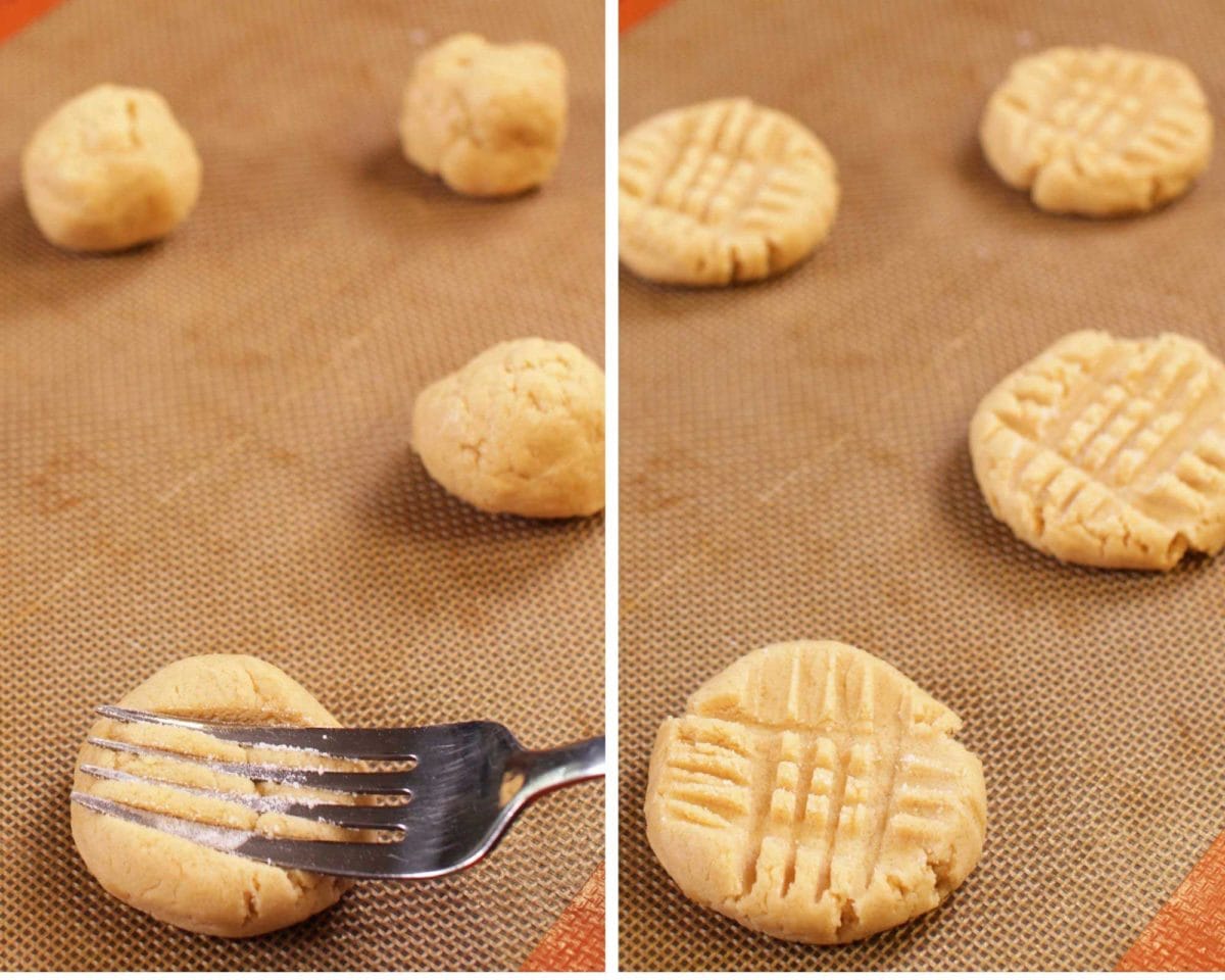 a fork being pressed into a peanut butter cookie ball and a picture of a tray of peanut butter cookies with the criss cross design.