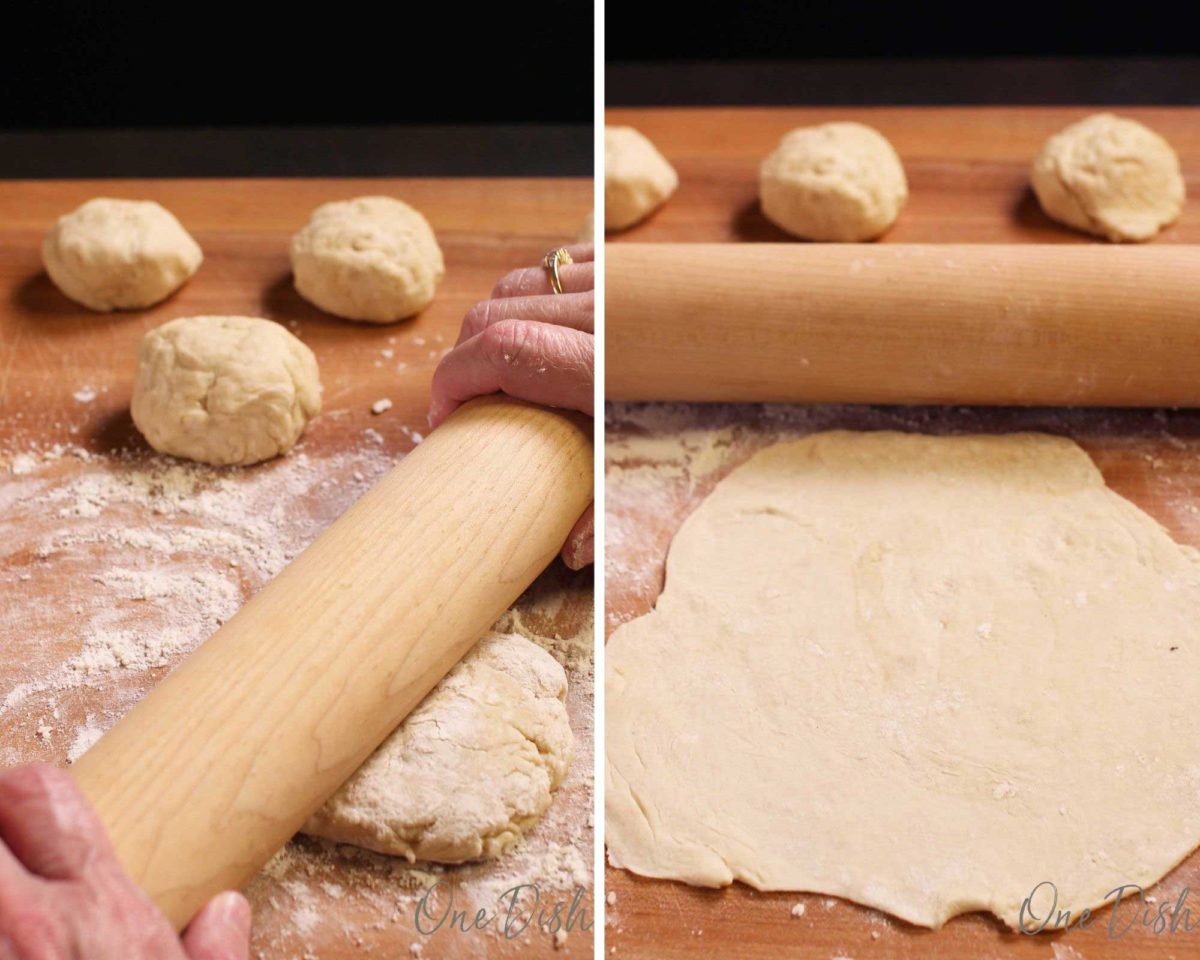 rolling out the dough for tortillas next to a flattened tortilla and a rolling pin.