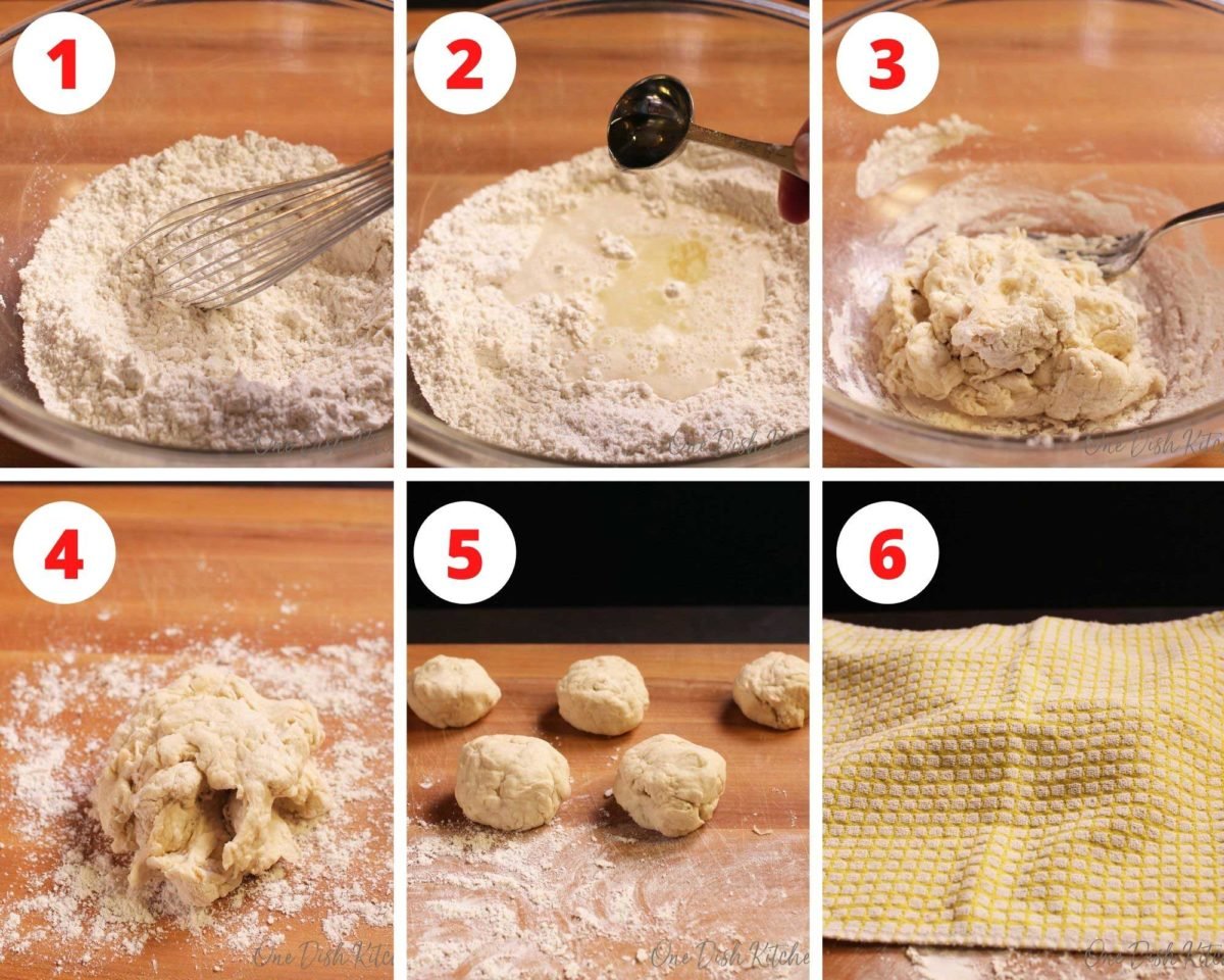 six pictures showing how to make the dough for flour tortillas.