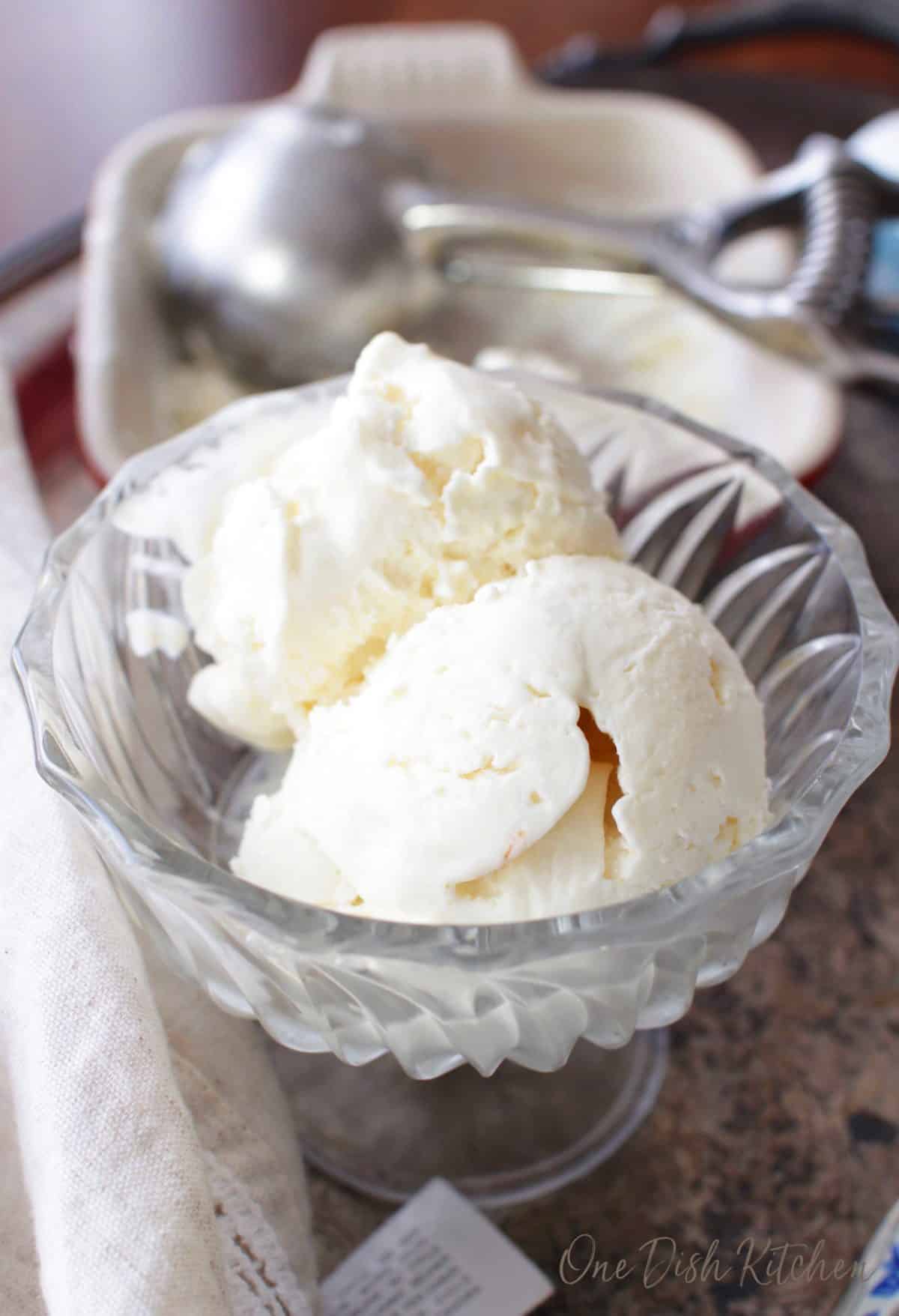 Vanilla ice cream in a dessert glass next to an ice cream scooper.