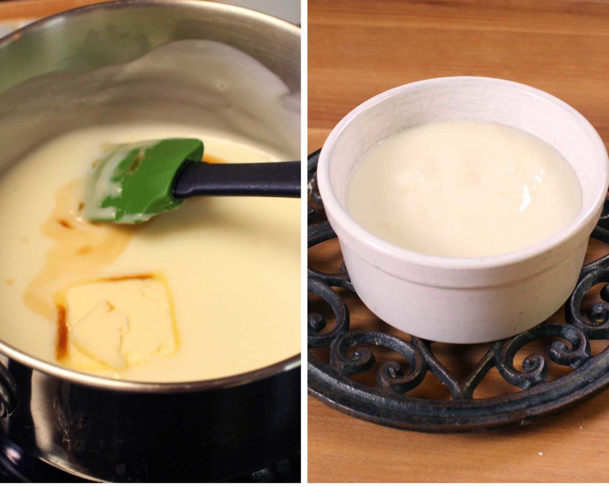 butter melting in a saucepan and a second picture showing pudding in a small bowl.
