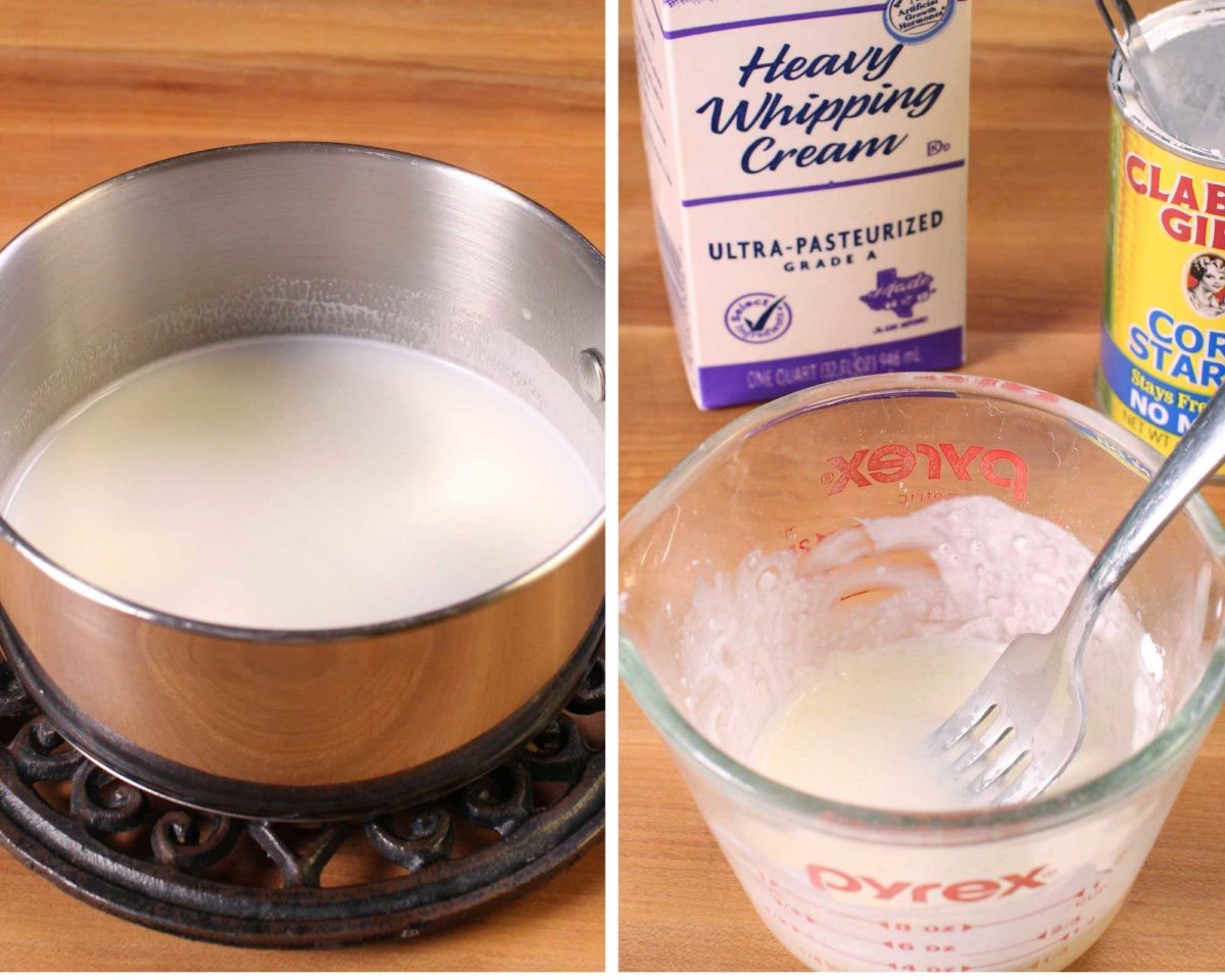 a photo of milk in a small pot and a photo of cream and cornstarch whisked together in a measuring cup.