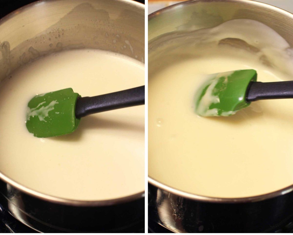 two photos of vanilla pudding thickening at different stages of heating.