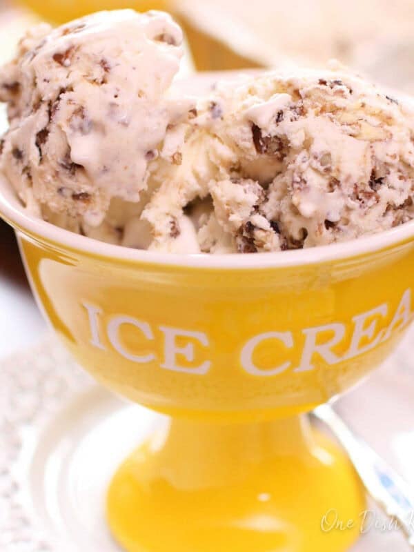 a bowl of butter pecan ice cream.
