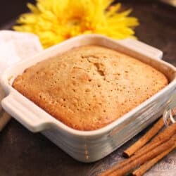 Spice cake shown in small baking dish.
