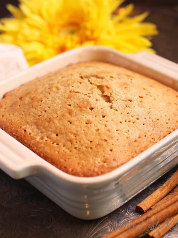 Spice cake shown in small baking dish.