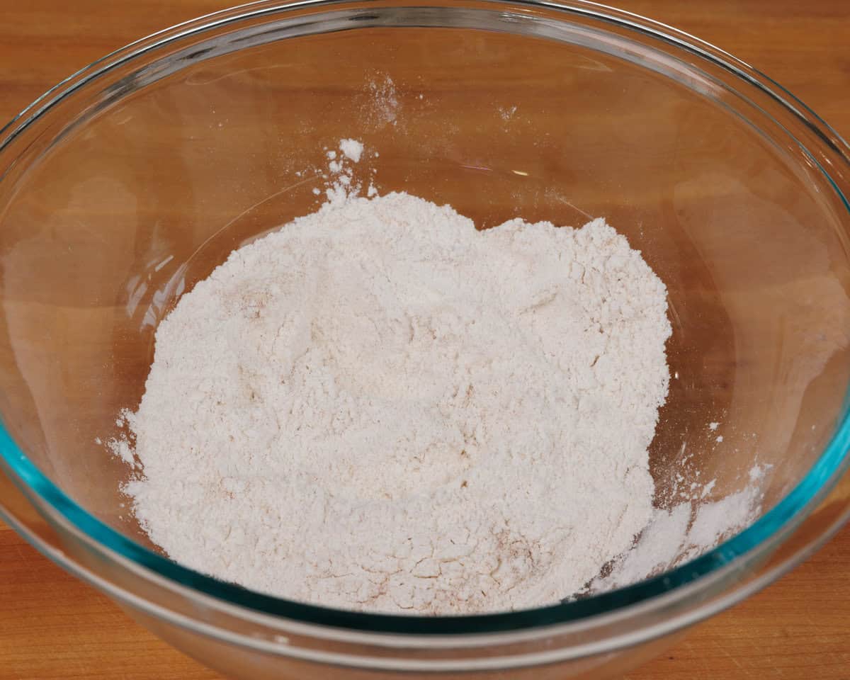 flour, sugar, and salt in a mixing bowl.