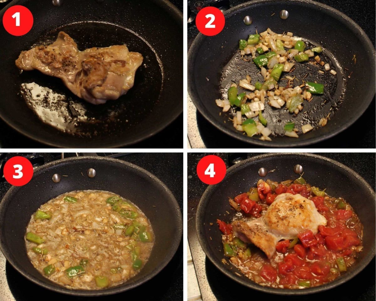four photos showing how to make chicken cacciatore on the stove.