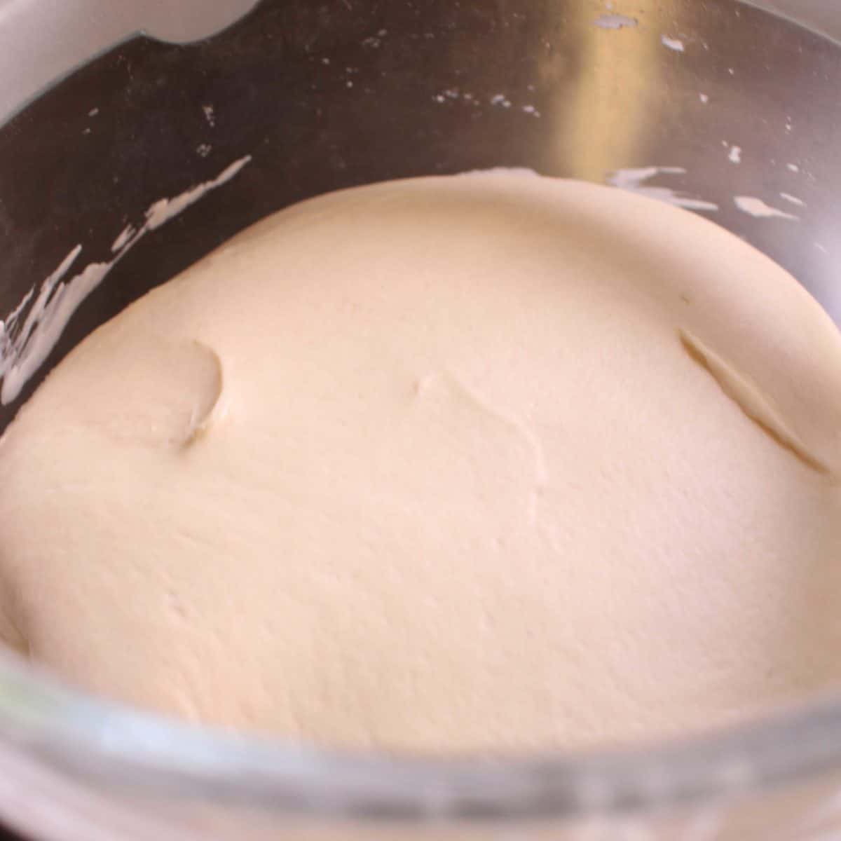 bread dough in a bowl after the first rise.