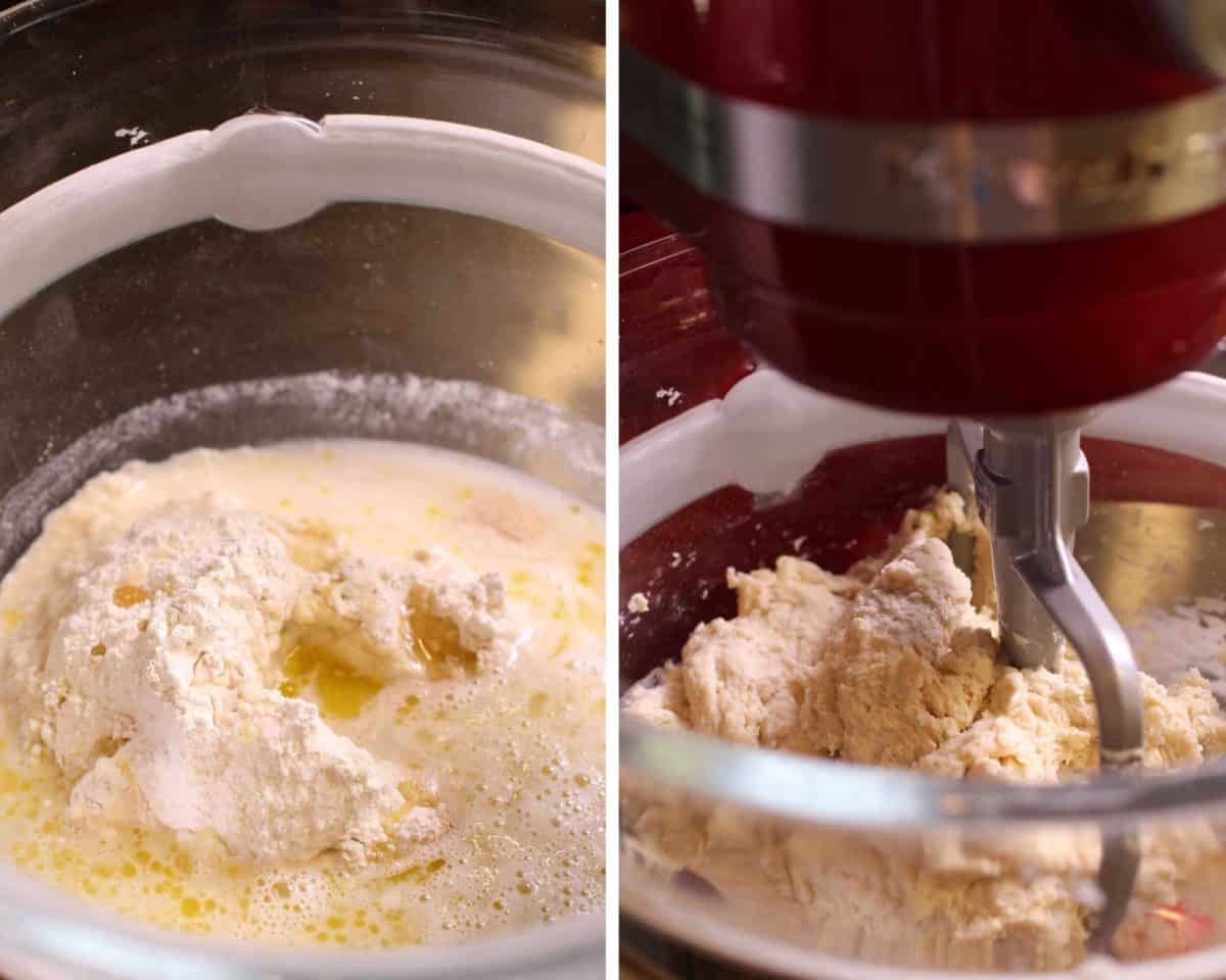 two pictures showing how to make bread. One photo is with the ingredients in a mixing bowl, the second shows the ingredients being mixed in a stand mixer.