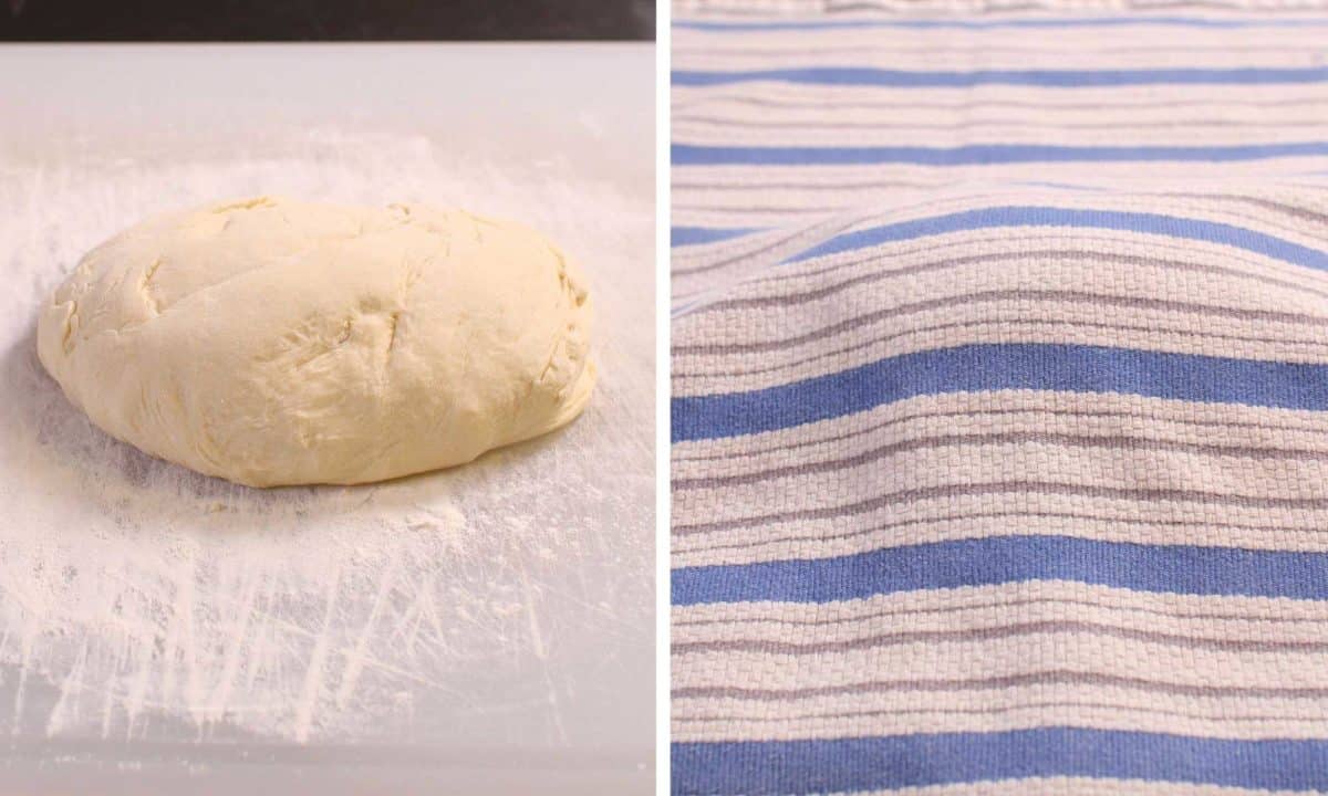 two pictures of bread dough. One dough is resting and the other is with the dough covered.