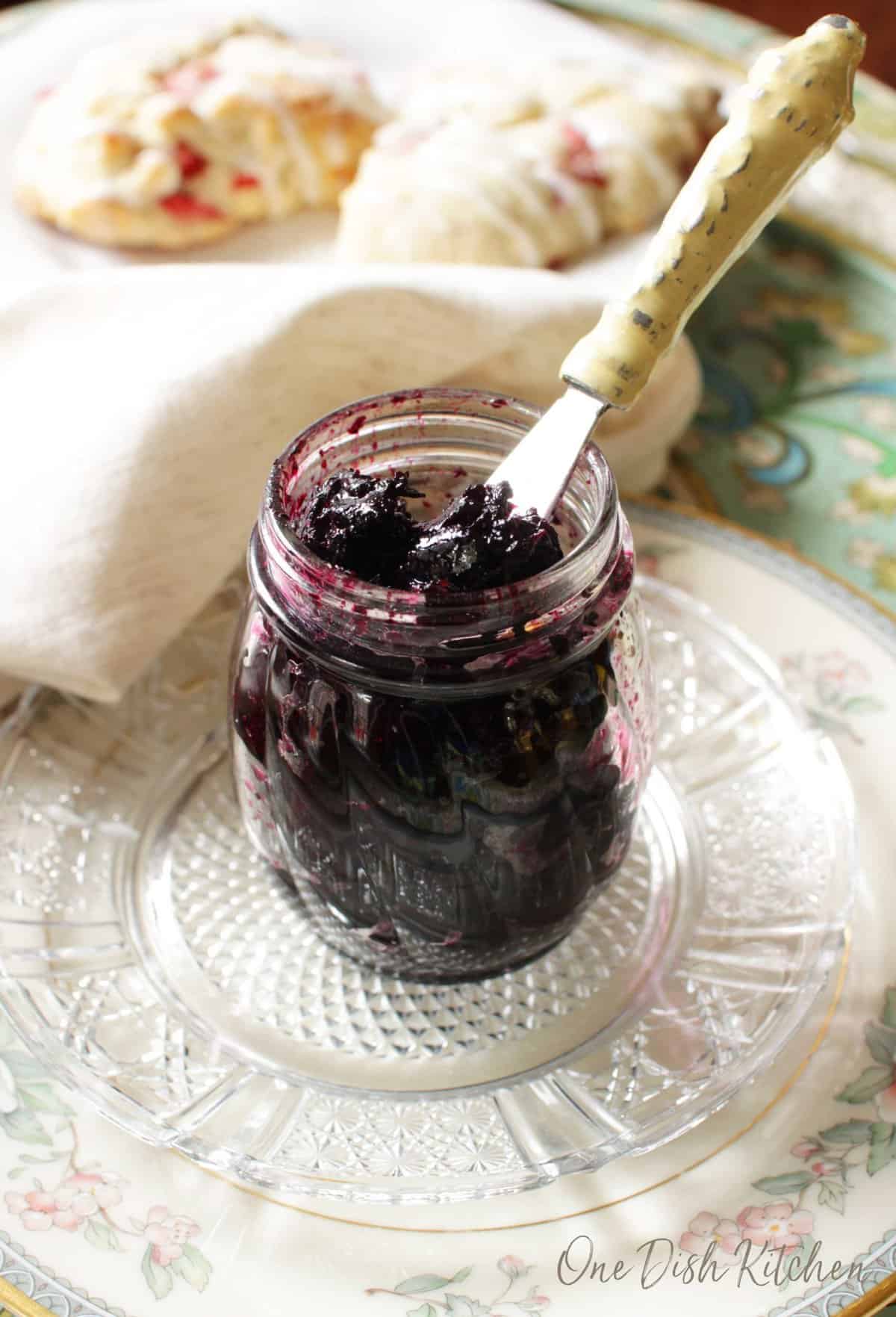 a jar of blueberry jam.